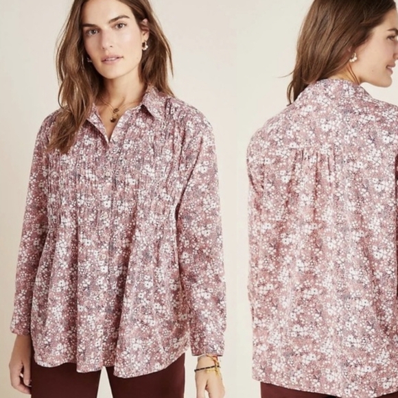 Anthropologie Pilcro Sasha Smocked boyfriend button down blouse Size Medium - Picture 2 of 13